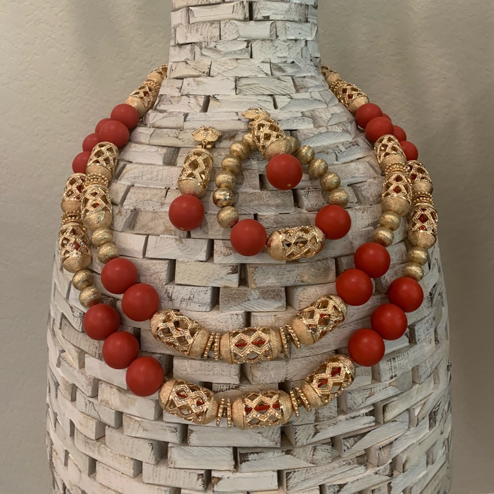 Gold Toned & Red Bead Necklace, Earrings, Bracelet
